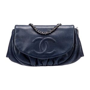 Chanel caviar leather navy blue half moon wallet on chain bag